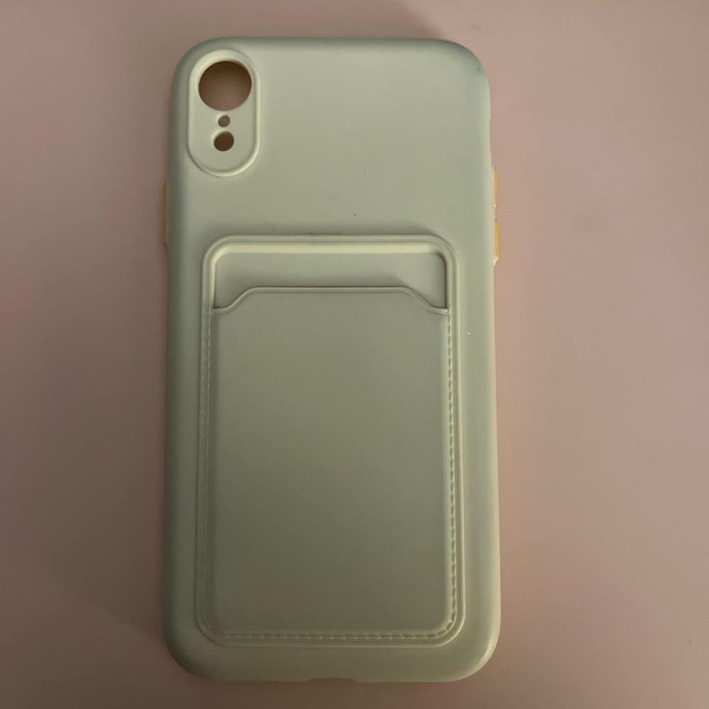 Cream iPhone XR Case W/ Credit Card Holder (Yellow Buttons On Other Side)